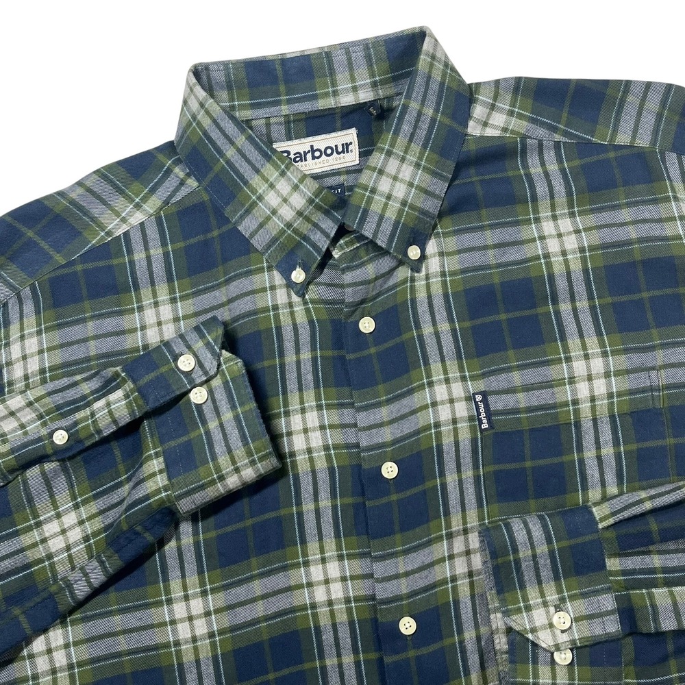Barbour Plaid Button Down Shirt Mens XL Navy Green Tailored Fit Long Sleeve
